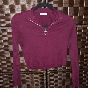 Burgundy Red Fitted Crop Top with Zip